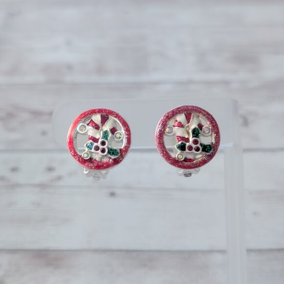 Vintage Clip On Earrings Christmas Candy Cane & Holly - Picture 1 of 7